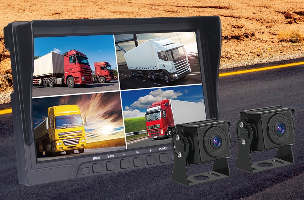 LCD-Automonitor zeigt 4 Kameras an